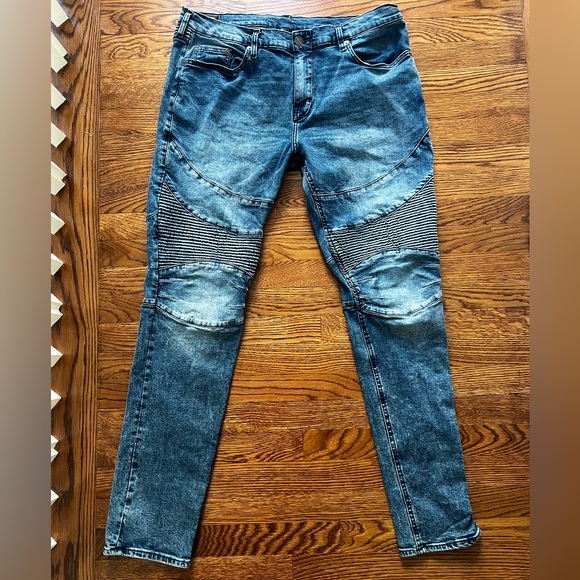 TRUE RELIGION‎ Rocco Relaxed Skinny Blue Jeans Denim Moto Ribbed Edgy Punk 38 - Picture 1 of 12